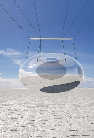 Futuristic glass pod suspended over a vast, cracked salt flat under a clear blue sky.