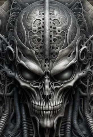 Ilustração de H. R. Giger apresentando uma caveira com detalhes biomecânicos.