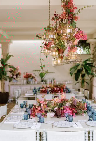 Outdoor dining area at Villa El Rincon in Marbella, with beautiful decorations for a Mediterranean destination wedding.