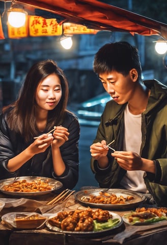 A young couple from Korea enjoyingstreet food in a Chinese town