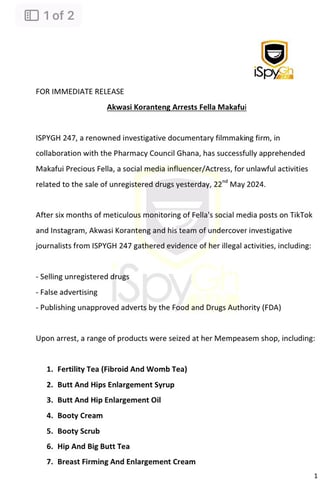 Page one of the press release detailing why Fella Makafui was apprehended.