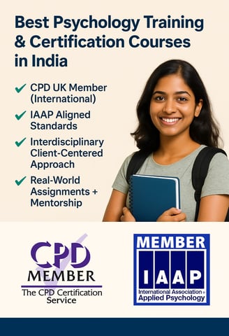 Promotional banner showing Indian student and checklist of best psychology training and certification features from IAT, CPD