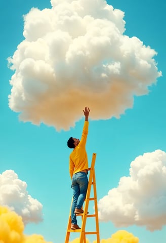 a man standing on a ladder ladder to reach a cloud depicting reach higher 