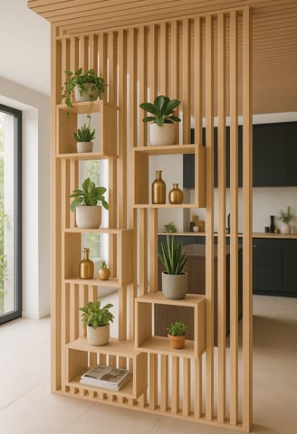 une cloison ajourée en bois clair servant de séparation visuelle et d'élément décoratif