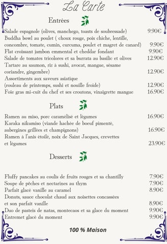la carte de la brasserie o ' 2 saisons