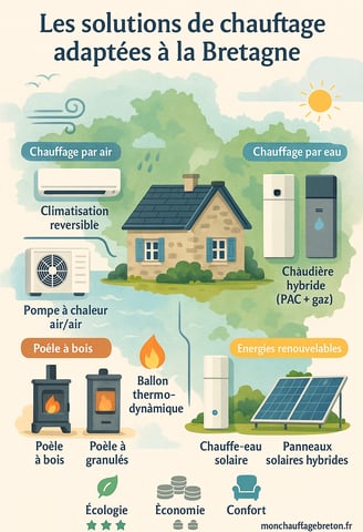 infographie tout comprendre système de chauffage possible en Bretagne adapté PAC Clim Poele Solaire