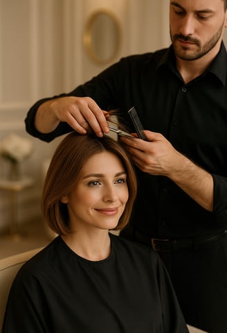 Mulher elegante com cabelos castanhos em corte bob, sentada em um salĂŁo de beleza sofisticado, sorrindo levemente enquanto um