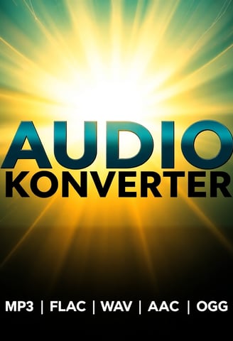 Logo mit der Aufschrift 'Audio Konverter' in tiefem Türkis vor einem leuchtenden Hintergrund