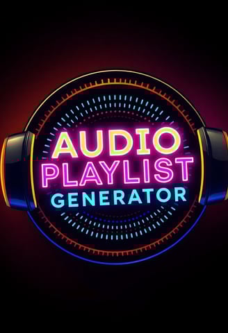 Leuchtendes Logo mit der Aufschrift 'Audio Playlist Generator' in Neonfarben. Das Design ist rund,