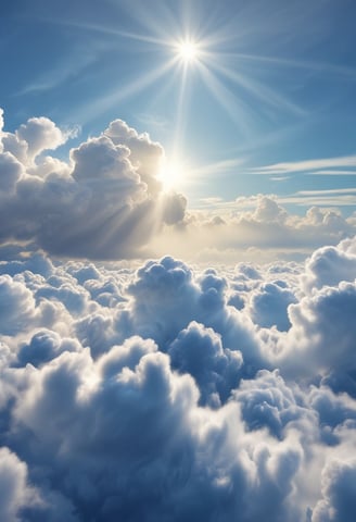Vista áerea con desarrollo de nubes blancas por debajo y cielo azul por encima con el Sol radiante