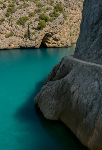 Vista de Sa Calobra y Torrent de Pareis en Mallorca, con acantilados imponentes y aguas turquesas – Maiorca Unlocked.
