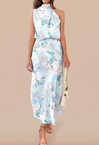 Women's 2025 Summer Satin Dress Elegant Sleeveless a woman in a floral dress and heels