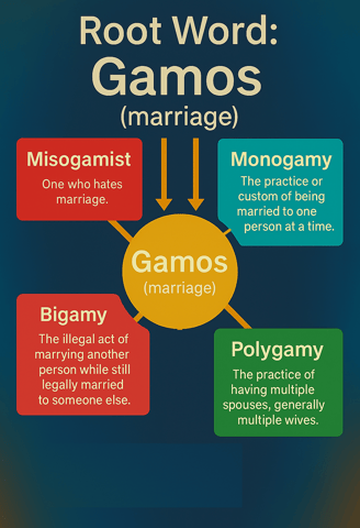 Vocabulary infographics of word power made easy root word gamos