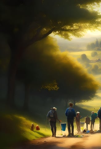 a group of people walking down a path looking after the environment