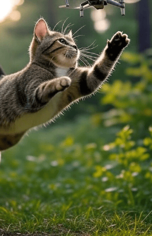 Un chat chasse un drone pour la journée mondiale des drones