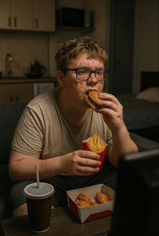 Un ado boutonneux mange un burger pour la journée mondiale de la malbouffe.