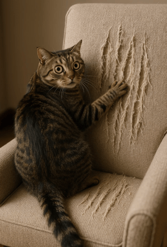 Un chat surpris pendant qu'il lacère un fauteuil pour la journée internationale du chat.