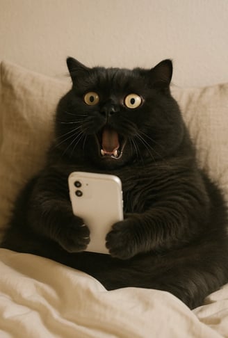 Un chat noir découvre les superstitions sur son espèce sur internet pour la journée des chats.