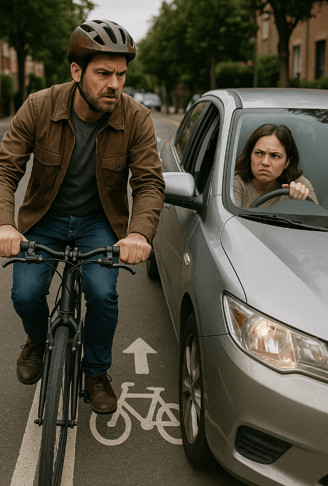 Un cycliste et une automobile cote à cote - Journée mondiale de la bicyclette.