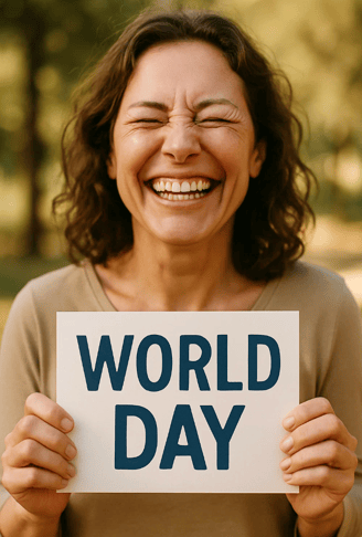 Femme joyeuse avec un panneau "World day" pour la journée mondiale du bonheur