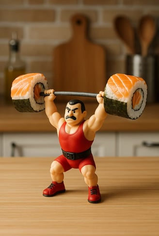Figurine avec haltère en sushi pour la journée internationale du sushi.