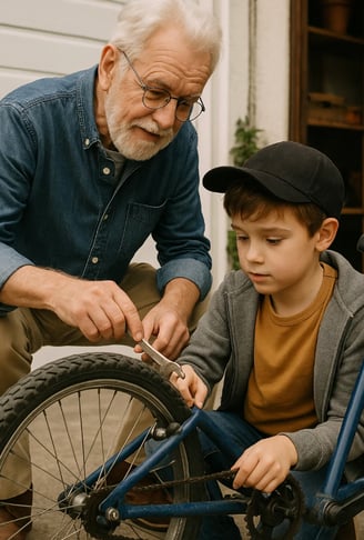 Un grand père bricole avec son petit fils pour la journée des personnes agées.