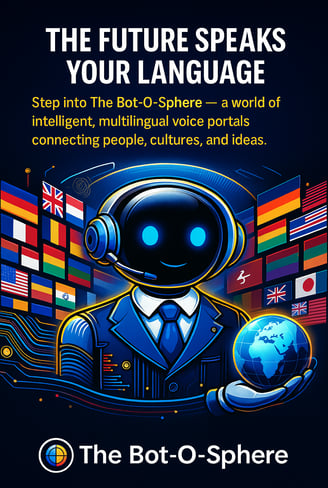 Multilingual AI bot illustration with global flags and voice icons"