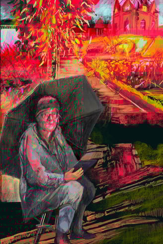 Digital collage - Karen drawing under an umbrella at Dumfries House