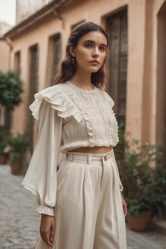 a woman in a white blouse and pants with a white blouse