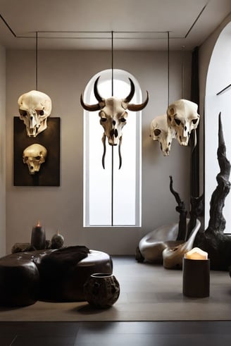 Cabeça de animal decorativa com pintura de caveira em um ambiente eclético