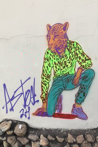 Onças humanas em murais de arte urbana por Sérgio Astral em Barra do Garças.