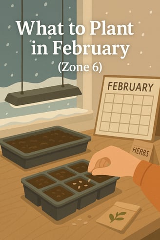 A cozy indoor gardening scene featuring seed trays under grow lights, a labeled calendar for Februar