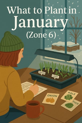 A cozy, stylized digital illustration showing a gardener at a table planning their garden with seed