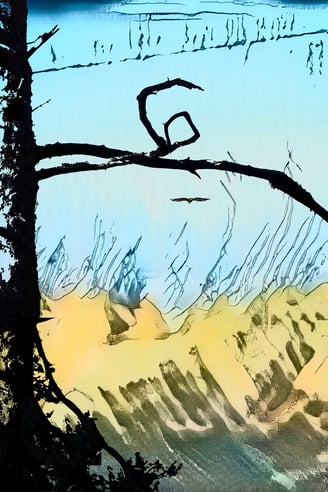 an eagle flying over mountains beyond a branch of a tree