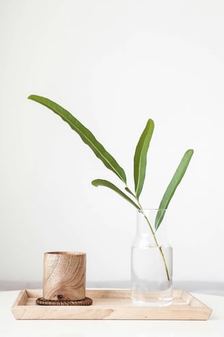 Un plateau en bois avec dessus un verre en bois et un vase rempli d'eau et d'une branche verte