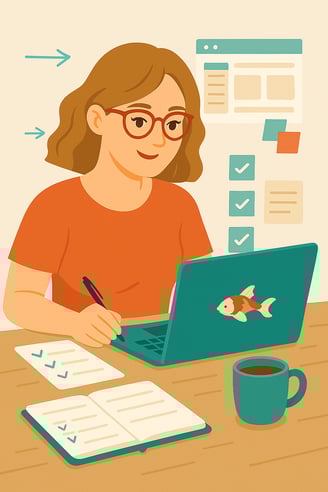 a woman sitting at a desk with a laptop and a cup of coffee