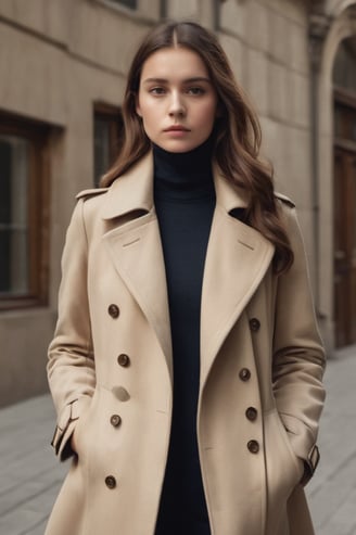a woman in a coat and turtle neck sweater