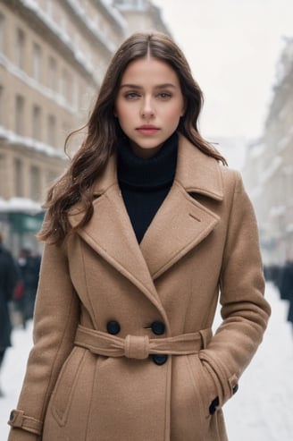 a woman in a coat and black turtle neck sweater