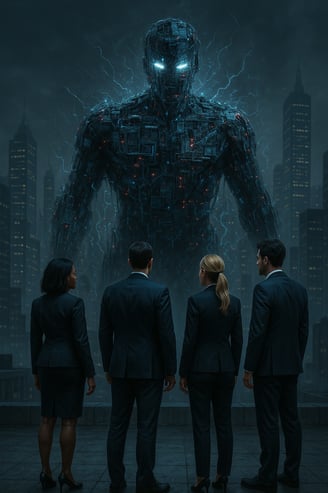 a group of business people standing in front of a giant robot