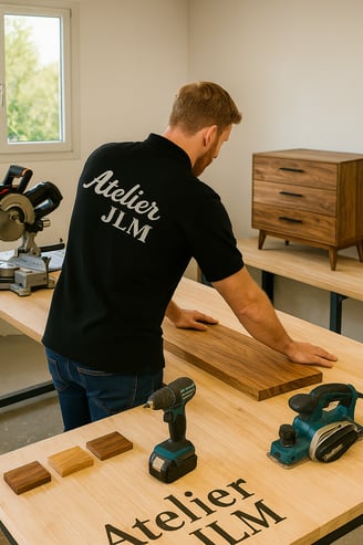 Artisan Atelier JLM en train de fabriquer un meuble sur mesure
