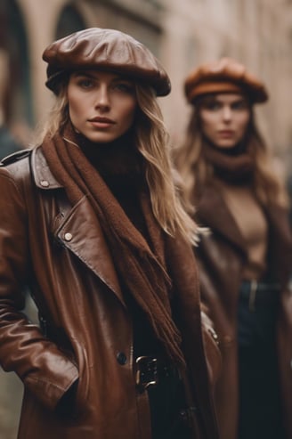 two women in leather jackets and hats are standing in a row