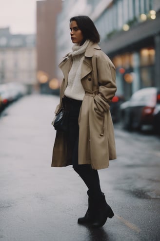 a woman in a coat and boots standing on a street