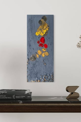Oeuvre d'art abstraite rouge et jaune sur fond gris sur MDF