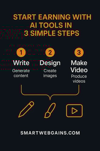 Simple 3-step visual guide to start earning with AI: write, design, and create videos