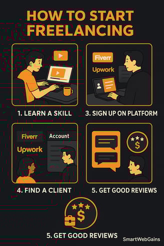 Infographic showing 5 steps to start freelancing in 2025 — learning a skill, creating a portfolio, s