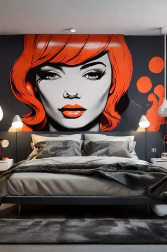 Atmosfera aconchegante e moderna: quarto de casal com um toque artístico dado pelo quadro pop-art.