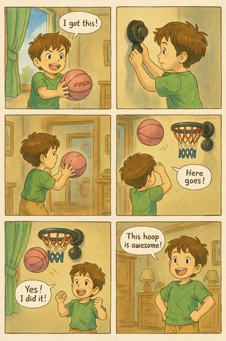Kids trying to play FECA basketball kit at home- Ghibli style