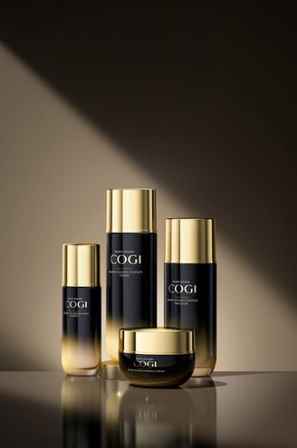 3D visualization of multiple skin cream containers with shiny plastic surfaces, premium labeling.