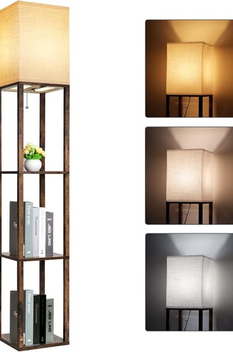 Floor Lamp with Shelves, Modern Shelf Lamp for Display Storage, 3 Color Temperature Wood Stand