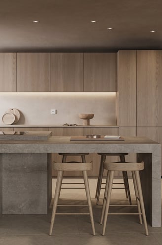 a kitchen with a counter top and a bar stool. Wabi- sabi